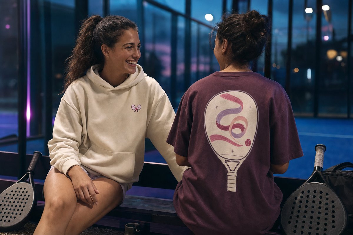 Two women relaxing on a padel-court bench at dusk; one wears a cream hoodie with a subtle chest emblem, while the other wears a dark plum T-shirt with large padel racket-window artwork on the back.