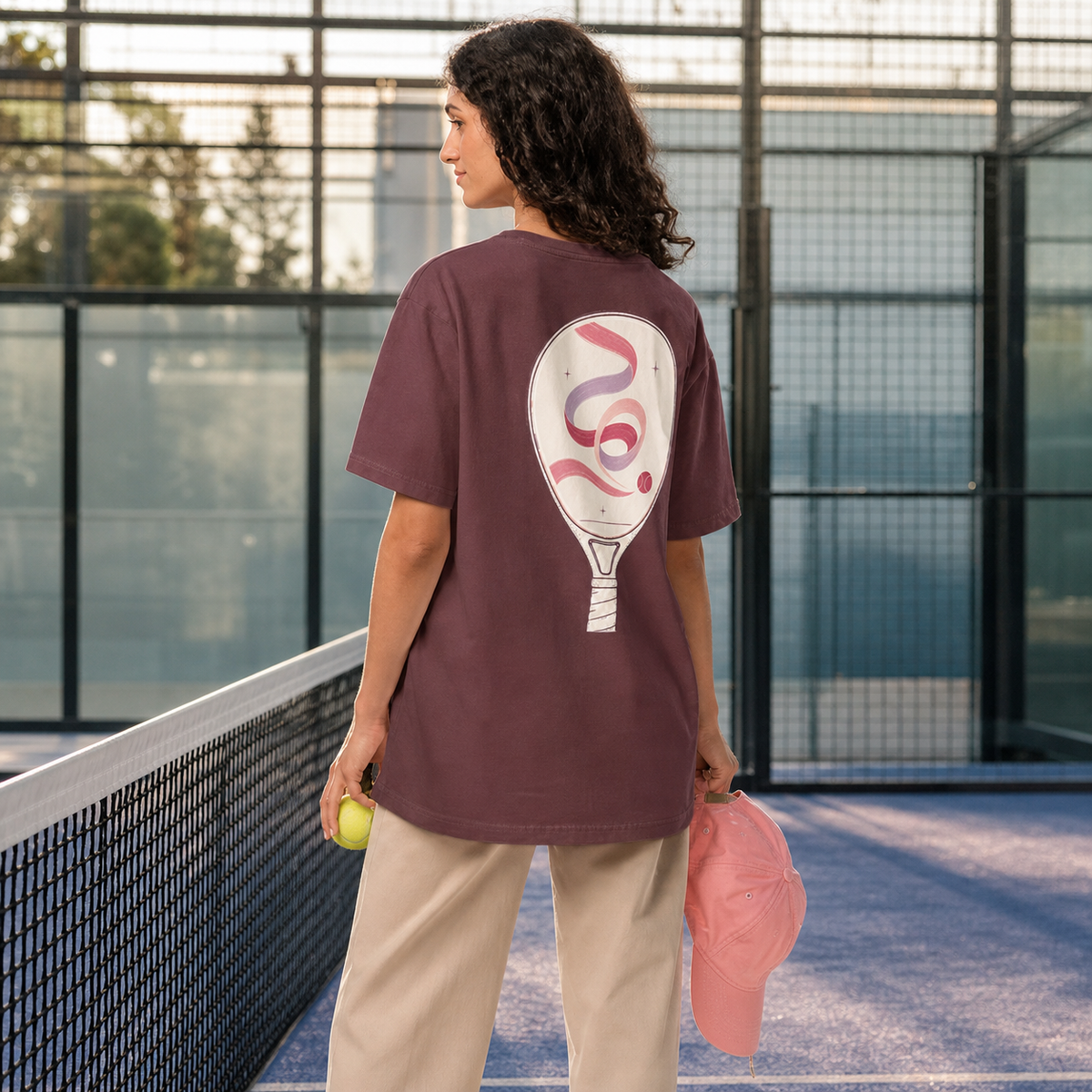 A woman on a padel court wearing an oversized maroon T-shirt with large padel racket-window artwork on the back, beige trousers, a pastel pink cap, and a padel ball.