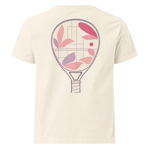 Vintage white unisex oversized t-shirt with floral padel racket artwork print, back view