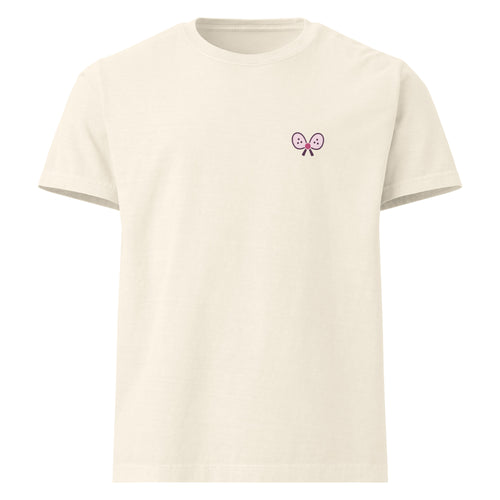 Front view of vintage white oversized padel t-shirt with floral padel racket artwork print